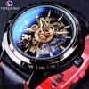 ForSining Racing Fashion Design Leather Transparent Case Män Titta på Top Brand Luxury Mechanical Automatic Mens Wrist Watch