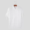 Camisas casuais masculinas 2024 camisa de lapela sólida botão de manga curta solta moda de moda masculina drawtring streetwear Camisas s-5xl incerun