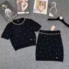 Mumiusus Suit Designer Luksusowy zestaw krótkich rękawów Nowy full -Body Diamond Hafted Knitle Shiod Skutka dwuczęściowa spódnica