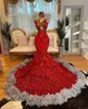 Red Sequined Lace Grey Feather Prom Dresses 2024 For Birthday Party Mermaid Black Girls Evening Gowns Vestidos