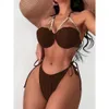 2024 WOBEN Swimwear Split Shell Wrap Lace Pearl Up tres puntos Color sólido Bikini