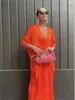 Party Dresses Women's Dress 2024 Orange Loose V-ringen Oregelbunden acetat slät tyg Lång sommar