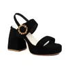 Sandals Plus Size Cowhide Suede Upper Large Circular Belt Buckle Ultra-High Thick Heel Peep Toe Back Strap Platform