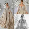 Champagne Crystal Ball Gown Wedding Dress Sheer Neck långa ärmar Bröllopsklänningar Sop Train Ruffle Saudi Arabic Dubai Qatar lyxiga brudklänningar plus storlek