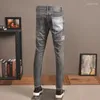 Jeans masculin à la mode de rue vintage gris élastique slim slim bicycle épissé Homme Patch Designer Hip Hop Pan