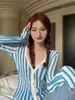 New top womens V-neck vertical stripe elastic slim fit versatile long sleeved knitted sweater cardigan top 210525