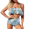 Swimwear féminin 2024 Fleume Flower Print Swimsuit Two Piece Ruffle Boxer Shorts Bikinis Set Sexy Push Up Beach Wear Wear Summer Bathing Bathing