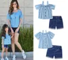 Mutter und Tochter Kleidung Mommy und ich passende Familie Outfits Frauen Mädchen Denim Bluse Condole Belt T -Shirt Shorts 2pcs Sets F3104000