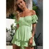 Summer Women's Sexy Solid Short Sleeve Off Shoulder Lantern Sleeve Ruffle Jumpsuit Playsuits