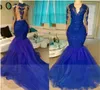 VNECK RoyalBlue Mermaid Dress Pekadning paljetter Tulle Appliques LongSleeve Prom Dresses Illusion Back Ruffle Sweep Train Evening 7079651