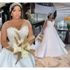 Afrykańskie arabskie sukienki ślubne w rozmiarze Plus Serne długie rękawy Peade Perły Illusion Jewel Neck Brdial suknie