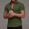 Mäns casual skjortor muskler män fitness sport fritid elastisk skjorta fast lapel knapp affärsgata för modekläder mode trend sommar ny kort ärm topp 24416