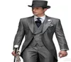 2015 European Style Slim Fit Groom Tailcoats Grey Peaked Lapel Prom Suit Custom Groomsmen Mens Wedding Suits Jacket PantsVestt2693695