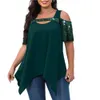 Plus size t -shirt zomer hollow out koude schouder korte mouw korte mouw onregelmatige zoom stevige kleur losse vrouwen top streetwear 240412