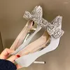 Klänningskor Crystal Bow-Knot Wedding Woman Bling Pumps Mary Janes Stiletto High Heels Women Point Toe Glitter Talon Femme 2024