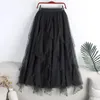 Qooth Women Beaded PETAL Midlong Lengles Faldas plisadas de malla elegante Fairy Aline Long Tulle Qt1682 240416