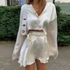 White Elegant Satin 2 Two Piece Set Women Lantern Long Sleeve Crop Tops Cardigan Sexy High Waist Mini Tennis Sport Skirts 240416