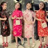 Etekler kızlar Çinli elbise vintage yıl Cheongsam Wintersweet Blossom Baskı Standı Çocuklar İçin Yaka