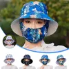 Wide Brim Hats Summer Sunscreen Hat With Mask Fashion Floral Print Big Sun Cap Outdoor Tea-picking Cycling
