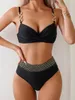 Dames badmode 2024 Push Up Solid Ring Link Bikini Vrouwen vrouwelijke hoge taille zwempak zwembaden baden zwempak strandkleding zomer