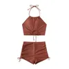 2024 New Solid Color Suspender Neck Hanging Bikini Split Swimsuit F41626