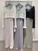 작업용 드레스 주름 우아한 여자 세트 v- 넥 플레어 긴 소매 니트웨어 탑 높은 허리 스트랩 여성 드레스 일본 양복