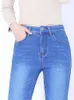 Kvinnors jeans vinterblå plus sammet hög midja flare förtjockar mager denim byxor varma vintage vaqueros mamma stretch mode pantalones