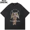 Heren t shirts hiphop 2024 vintage gewassen zwart t-shirt streetwear angel standbeeld grafisch shirt katoen unisex t-shirt mannen ontspannen tops tees