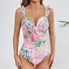 Högkvalitativ baddräkt Floral Ruffle tryckt Push Up Women Bikini Set Badkläder Slimming Bathing Strandstrandskläder 240416