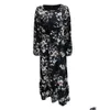 Robes décontractées de base Femmes Spring Long Robe Floral Print Crew Neck mandeve A-Line Fashion High Wistr Holiday Drop Livilor Apparel Wom Dheww