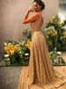 Sparkling Gold Sequined Women Prom Dresses Sexy Spaghetti Straps V Neck Plus Size Evening Gowns Backless Sweep Train Formal Party Birthday Occasion Dress CL3490