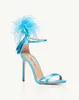 2024 women Ladies Genuine real leather satin 10CM heels sandals summer feather one-line peep-toe wedding Gladiator shoes buckle Fashion solid Narrow Band size 34-42