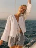 Blouses pour femmes coton lin creuse en dentelle de lacets femmes 2024 Vacation plage V-col