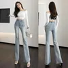 Kvinnors jeans Tassel Flare Woman Stretchy Skinny Trousers Ladies Boot-Cut Denim Mujer Fashion Elastic Vintage Pants 2024 Autumn Blue