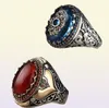 Wedding Rings Vintage Handmade gesneden Turkse zegel voor mannen ingelegd Red Black Zirkon Stone Trendy Islamitische religieuze moslimjuwelen1361841