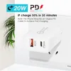 Ładowarka ściany adaptera podróżnego 20 W PD 3.0 USB C do C Kabel adaptera szybkiego zasilania do iPhone'a Samsung Huawei Xiaomi US EU WILL White Color 100pcs/Box