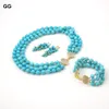 Bijoux GG 3 brins Angle de coupe bleu Angle rond Fasé à facettes Turquoises Gemmes Stone Cz Cold Collier Boucles d'oreilles Bracelet pour femmes 240401