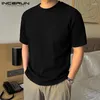 Herren-T-Shirts Incerun-Hemd Feste Farbe Strick O-Neck Kurzarm Männer Kleidung Streetwear 2024 Korean Summer Casual Tee Tops S-5xl