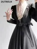 Abiti casual harajuku Black Vintage Abito Lolita Donne Slim Fit Sleming Style Mleeve Long Maxi Autunno Inverno