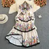 Spring Leopard Flower Maxi Women Bow Tie Collar Long Floral Print Cascading Spets Stitching Cake Party Vestidos170R