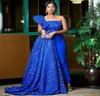 Luxury Royal Blue African Evening Dress With Pant Elegant Dubai Arabic Formal Prom Dresses Train Overskirt One ShoulderVestidos De8678276