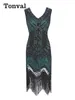 캐주얼 드레스 Tonval 1920 년대 파티 여성 플래퍼 드레스 V- 넥 슬매 소매 스팽글 스팽글 및 비즈 하이 허리 저녁 칵테일 미디