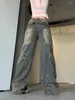 女子ジーンズアメリカンヴィンテージパンクグランジY2Kハイウエストストレートワイドレッグパンツ美的ファッションルーズカジュアルオールマッチズボン
