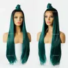 Long Dark Roots Green Mixed Color Ombre Two Tone Lace Front Synthetic Wigs Straight Heat Resistant Pre Plucked Wig With Baby Hair
