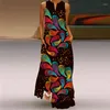 カジュアルドレスヴィンテージ印刷マキシ女性サンドレス2024夏のVネックノースリーブロングドレスファッションスタイルエレガントな女性ベスティドス