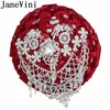 結婚式の花Janevini Burgundy Rhinestone Bouquets with Silver Crystal Luxury Diamond Beaded Satin Rose Bridal Flower Bouquet 2024