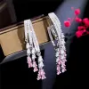 Charm Long Tassel Pink AAA Zirconia Cubic Earring Designer voor vrouw feest 925 Sterling Silver Post Diamond oorbellen Zuid -Amerikaanse bruiloftsbetrokkenheid sieraden