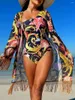Women's Swimwear 2024 One Shoulder Print Women Swimsuit With Long Sleeve Kimono Piece Female Bathers Bathing Swimming Suit Beachwear
