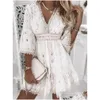 Basic Casual Dresses White Lace Dress Women V Neck Up Female Patchwork Three Quarter Sleeve Vacation Beach Ladies A-Line Party Drop De Otr9Y