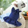 Summer Dog Denim Dress Harness Cute Bow Puppy Shirt Cat Jeans Vest Harness Pet Clothes Outdoor Walking Bröstband med D-ring 240416